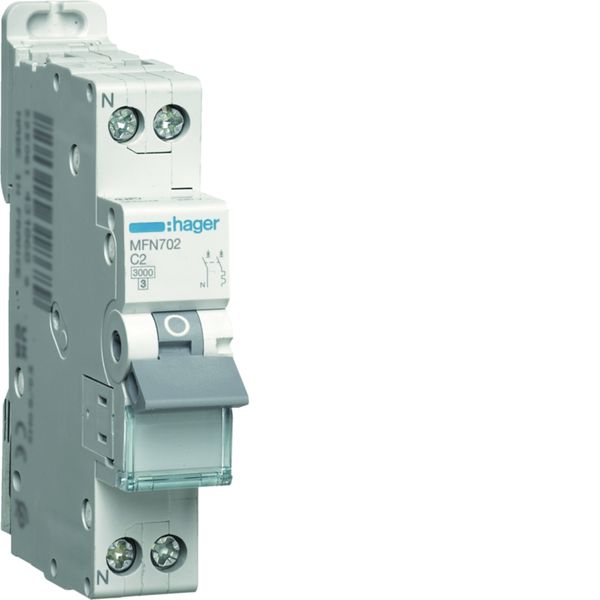 Disjoncteur Phase + Neutre 2A 3kA Courbe C bornes à vis 1 Module MFN702