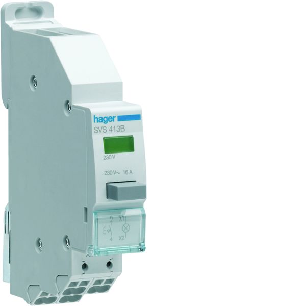 Bouton poussoir à accrochage 0O+1F 16A + voyant LED 230VAC Vert 1 module QCPB SVS413B