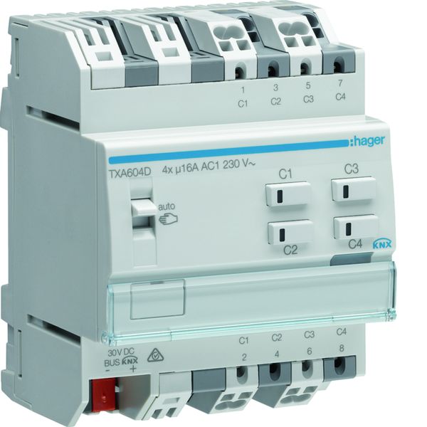 Actionneur KNX 4 sorties 16A/230V charge capacitive configuration Mode Easy/ETS TXA604D