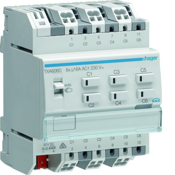 Actionneur KNX 6 sorties 16A/230V charge capacitive configuration Mode Easy/ETS TXA606D