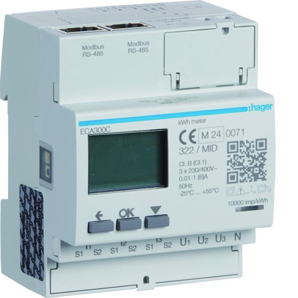 Compteur d'énergie triphasé indirect 5A MOBDUS RS485 bornes rapides RJ45 MID ECA300C