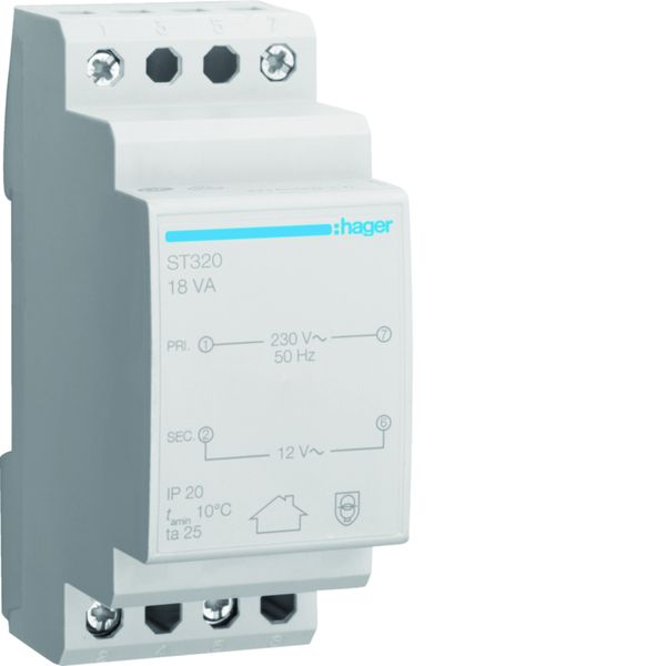 Transformateur de sécurité 18VA 230VAC - 12 - 12VAC 2 modules ST320
