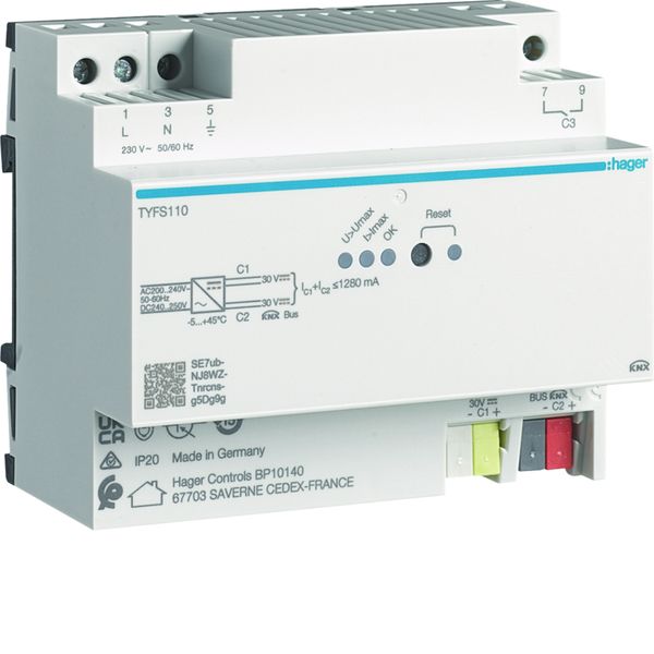 Alimentation modulaire 1x30 VDC KNX protégée + 1x30 VDC puissance totale 1280 mA TYFS110