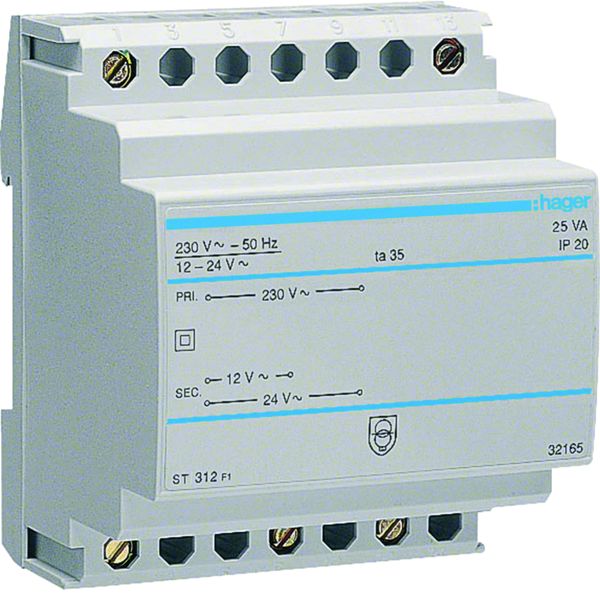 Transformateur de sécurité 25VA 230VAC - 12 - 24VAC 4 modules ST312