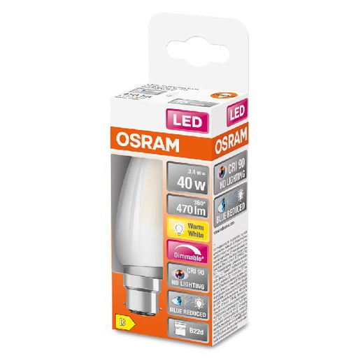 [OSR602816] LED SuperStar+ Flamme verre dépoli variable 3,4W=40 B22 chaud - 602816