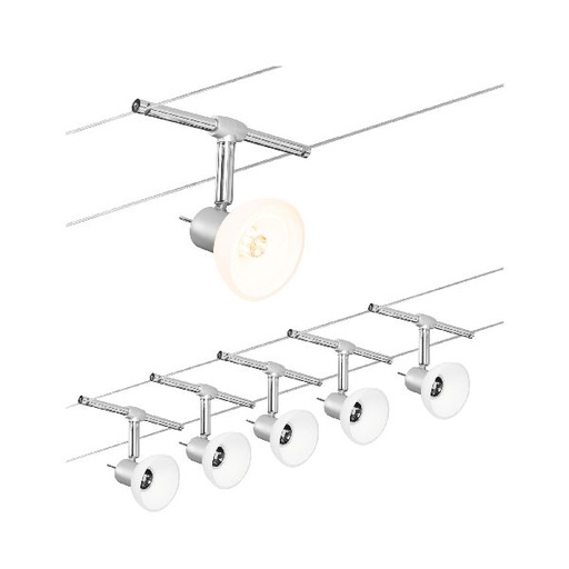 [PAU94136] Wire System Set Sheela max 5x10W GU5,3 Chrome mat/Opale 230/12V 60VA Métal/Verre