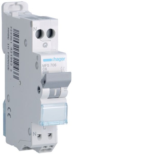 [HAG-MFS706] Disjoncteur Phase+ Neutre 6A 3kA Courbe C connexion automatique SanVis 1 Module MFS706