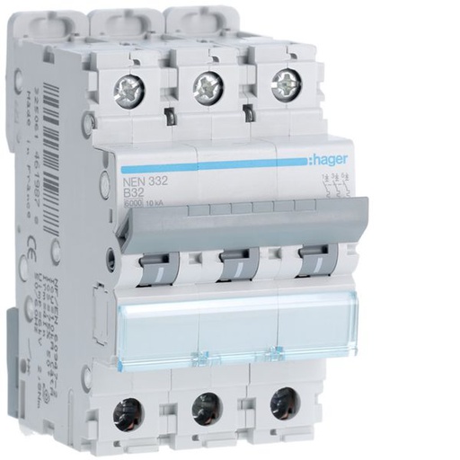 [HAG-NEN332] Disjoncteur 32A 3P 6-10kA Courbe B 3modules NEN332