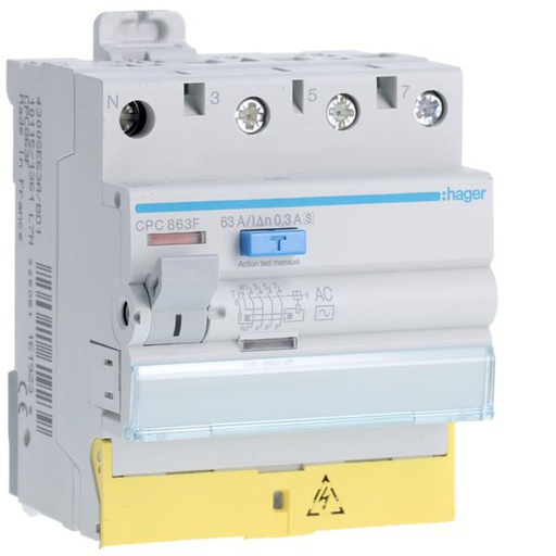 [HAG-CPC863F] Interrupteur différentiel 63A 300mA 3P+N type AC SEL à bornes décalées CPC863F