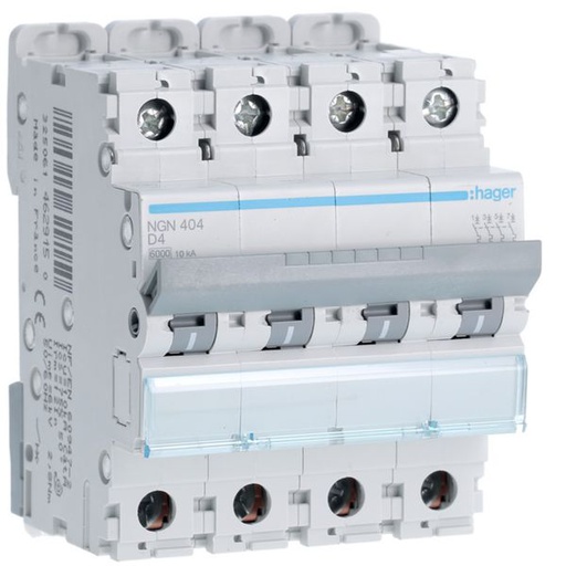 [HAG-NGN404] Disjoncteur 4A 4P 6-10kA Courbe D 4modules NGN404