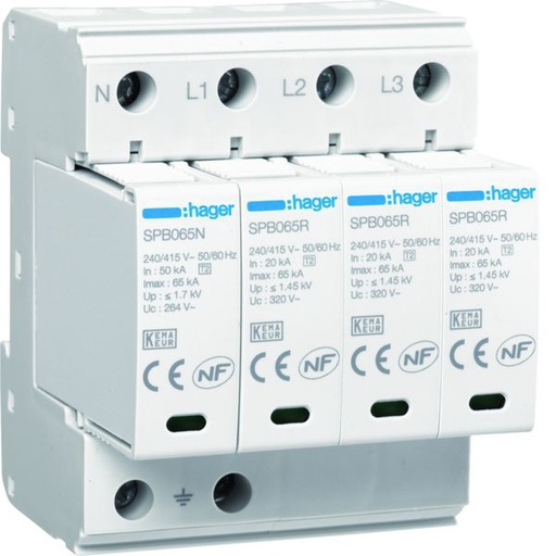 [HAG-SPB465R] Parafoudre de type 2 Imax 65kA 4P 4modules avec auxiliaire de contact SPB465R