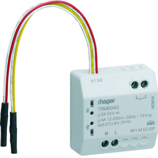 [HAG-TRM694G] micromodule 1 sortie libre de potentiel ON/OFF 3A+ 2 entrées filaires, KNX radio TRM694G