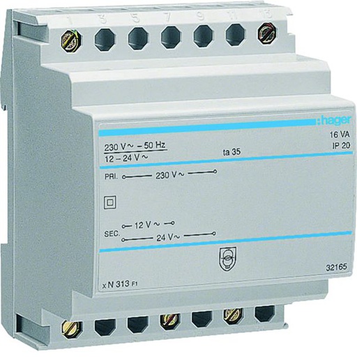 [HAG-ST313] Transformateur de sécurité 16VA 230VAC - 12 - 24VAC 4 modules ST313