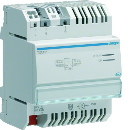 [HAG-TXA111] Alimentation modulaire 1 sortie 30VDC pour bus KNX sécurisée 320 mA TXA111