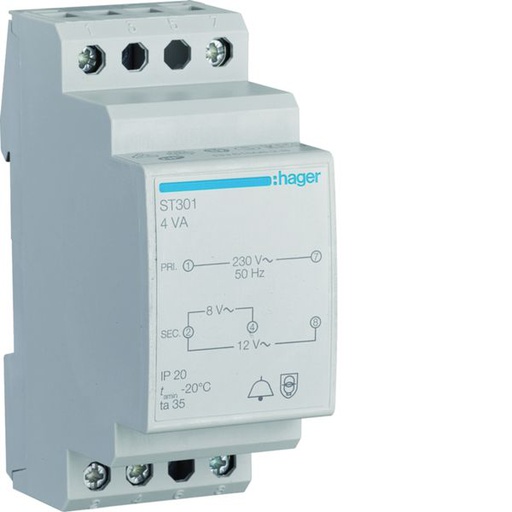 [HAG-ST301] Transformateur de sonnerie 4VA 230VAC - 8 - 12VAC 2 modules ST301