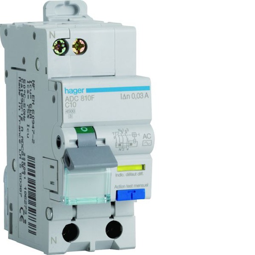 [HAG-ADC810F] Disjoncteur différentiel 10A 1P+N 6-10kA Courbe C 30mA type AC 2 modules ADC810F