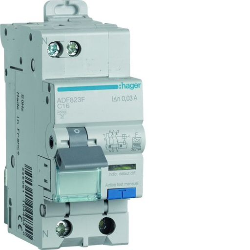 [HAG-ADF823F] Disjoncteur différentiel 16A 1P+N 4,5kA Courbe C 30mA type F 60 Hz 2 modules ADF823F