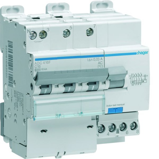 [HAG-ADC416F] Disjoncteur différentiel 16A 3P+N 6-10kA Courbe C 30mA type AC 5 modules ADC416F