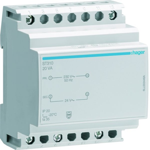 [HAG-ST310] Transformateur de sécurité 20VA 230VAC - 24 - 24VAC 4 modules ST310
